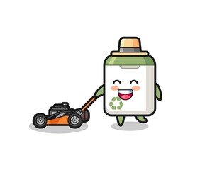 illustration of the trash can character using lawn mower