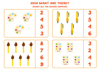 Counting game with cute kawaii school supplies. Math worksheet.