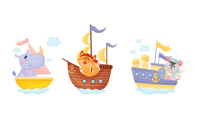 Cute baby animals captains set. Funny rhinoceros, cat, mouse sailors characters sailing on sailboats cartoon vector illustration