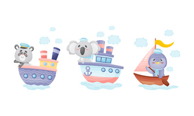 Cute baby animals captains set. Funny panda bear, koala, penguin sailors characters sailing on sailboats cartoon vector illustration