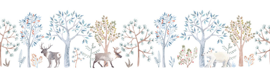 Beautiful winter seamless pattern with hand drawn watercolor cute trees and forest bear fox deer animals. Stock illustration.