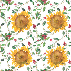 Naklejka na ściany i meble Watercolor seamless pattern with yellow sunflowers and red lingonberries on white isolated background.Autumn,berry,floral hand painted print.Designs for fabric,wrapping paper,packaging,scrapbook paper