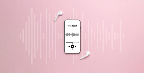 Podcast music. Mobile smartphone screen with podcast application, sound headphones. Audio voice with radio microphone on pink background. Broadcast media music banner with copy space.