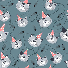 Cartoon watercolor cats seamless pattern in pastel colors. Kids design.
