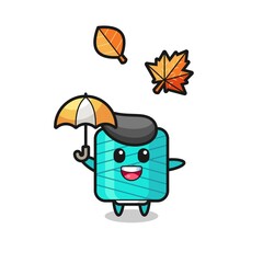 cartoon of the cute yarn spool holding an umbrella in autumn