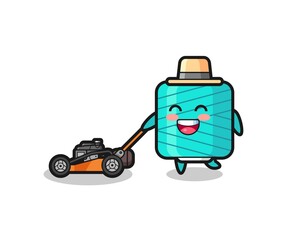 illustration of the yarn spool character using lawn mower