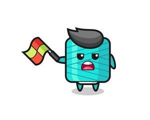 yarn spool cartoon as the line judge hold the flag up at a 45 degree angle