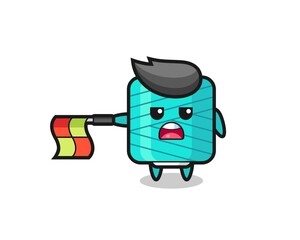yarn spool character as line judge hold the flag straight horizontally