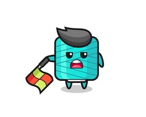 yarn spool character as line judge hold the flag down at a 45 degree angle