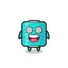 cute yarn spool character with hypnotized eyes