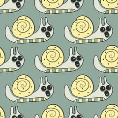 Seamless pattern with a snail. Marine background. Vector illustration