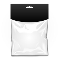 White Black Blank Plastic Pocket Bag With Shadow. Transparent. With Hang Slot. Illustration Isolated On White Background. Mock Up Template Ready For Your Design. Vector EPS10