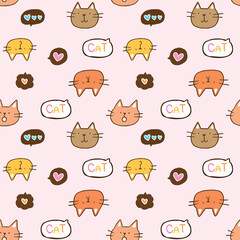Seamless Pattern with Cartoon Cat Face Design on Light Pink Background