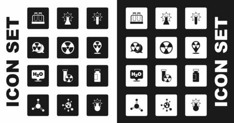 Set Chemical explosion, Radioactive, Test tube and flask, in location, and formula for H2O icon. Vector