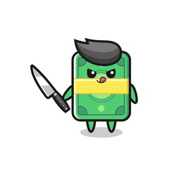 cute money mascot as a psychopath holding a knife