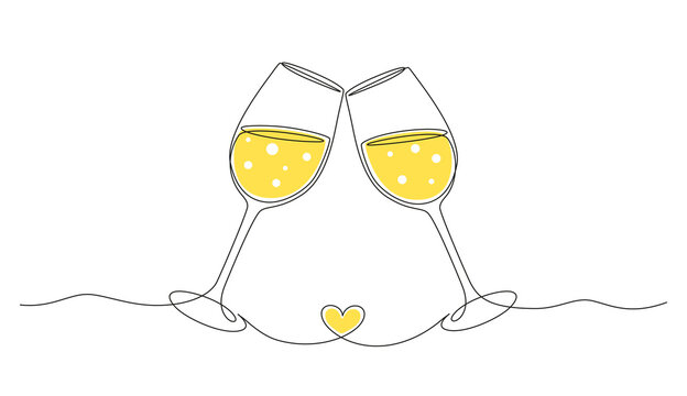 Continuous one line drawing of cheers two glasses with champagne. Romantic toast concept with heart shape in linear style isolated on white background. Vector illustration