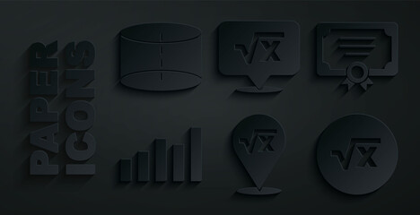 Set Square root of x glyph, Certificate template, Graph, schedule, chart, diagram, and Geometric figure Cylinder icon. Vector