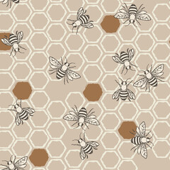 Bee and hexagon watercolor honeycomb repeat pattern