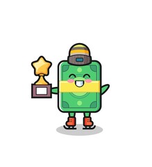 Fototapeta premium money cartoon as an ice skating player hold winner trophy