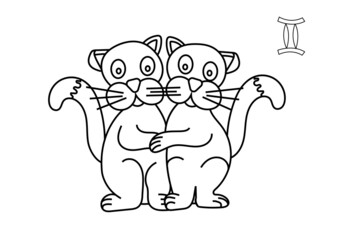 Gemini zodiac sign in the form of funny cats. Line art isolated on white background. Vector illustration
