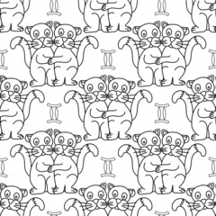 Gemini zodiac sign in the form of funny cats seamless pattern. Line art on white background. Vector illustration