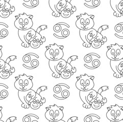 Cancer zodiac sign in the form of cute cat seamless pattern. Line art on white background. Vector illustration