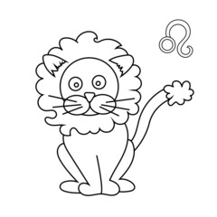 Lion zodiac sign in the form of cute cat. Line art isolated on white background. Vector illustration