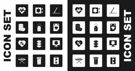 Set Medical surgery scalpel, Eye drop bottle, Gypsum, Heart rate, Doctor appointment, symbol of the Emergency, and Healed broken heart icon. Vector