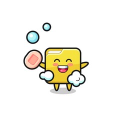folder character is bathing while holding soap