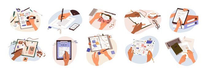 Set of hands holding pens and pencils, writing letter on paper, taking notes in notebook, filling diary and planners, signing business documents. Flat vector illustration isolated on white background