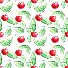 Seamless pattern of watercolor single Cherries on the white background. Hand drawn bright texture, images of berry in sketch style