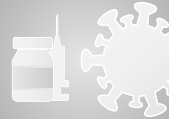 White and gray influenza virus pathogen covid-19 vector.Paper cut style virus background image.Symbol icon syringe bottle vaccine antivirus white blank for enter text.