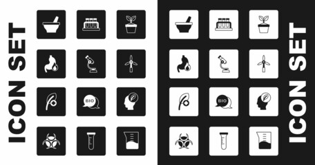 Set Plant in pot, Microscope, Stomach heartburn, Mortar and pestle, Wind turbine, Test tube flask, Human head with leaf inside and Leaf leaves icon. Vector
