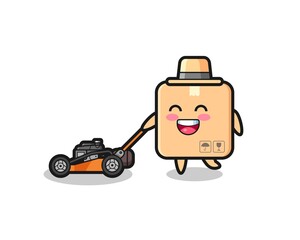 illustration of the cardboard box character using lawn mower