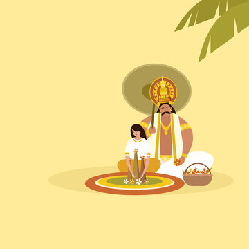 Conceptual illustration of King 'Mahabali'  and a little girl making floral designs on floor. Concept of Onam festival in Kerala
