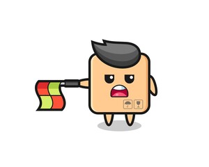 cardboard box character as line judge hold the flag straight horizontally
