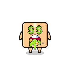 cardboard box character with an expression of crazy about money