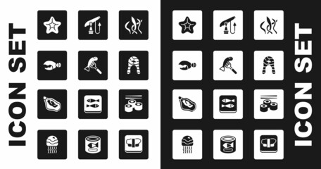Set Seaweed, Served fish on plate, Lobster or crab claw, Starfish, Fish steak, Fishing harpoon, Sushi and Mussel icon. Vector