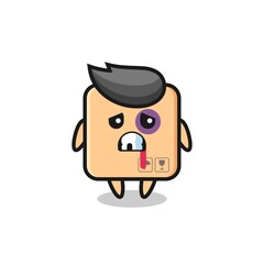 injured cardboard box character with a bruised face