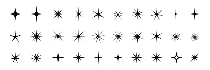 Sparkles, stars and bursts icons, twinkling stars. Glowing light effect star. Sparkles, shining burst. Christmas vector symbols isolated.
