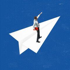 Successful businessman standing on white paper plane, way or path to success and goal. Right...