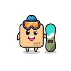 Illustration of cardboard box character with snowboarding style