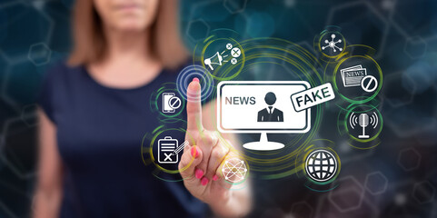Woman touching a fake news concept