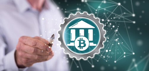 Man touching a bitcoin regulation concept