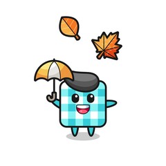 cartoon of the cute checkered tablecloth holding an umbrella in autumn