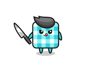 cute checkered tablecloth mascot as a psychopath holding a knife