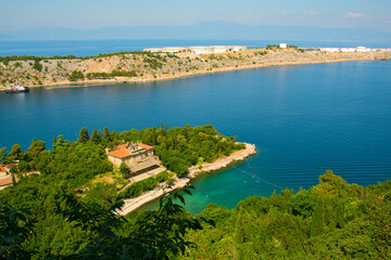 Panoramic landscape of Croatia Adriatic sea coast on Croatia island Krk with marina, port and airport - obrazy, fototapety, plakaty