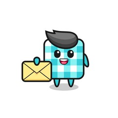 cartoon illustration of checkered tablecloth holding a yellow letter