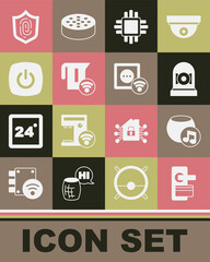 Set Digital door lock, Voice assistant, Ringing alarm bell, Processor with CPU, Smart electric kettle, home, Fingerprint and electrical outlet icon. Vector