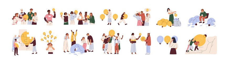 Concept of finding brilliant ideas. Set of creative people with light bulbs. Business teams with lightbulbs as symbol of solutions and knowledge. Flat vector illustrations isolated on white background